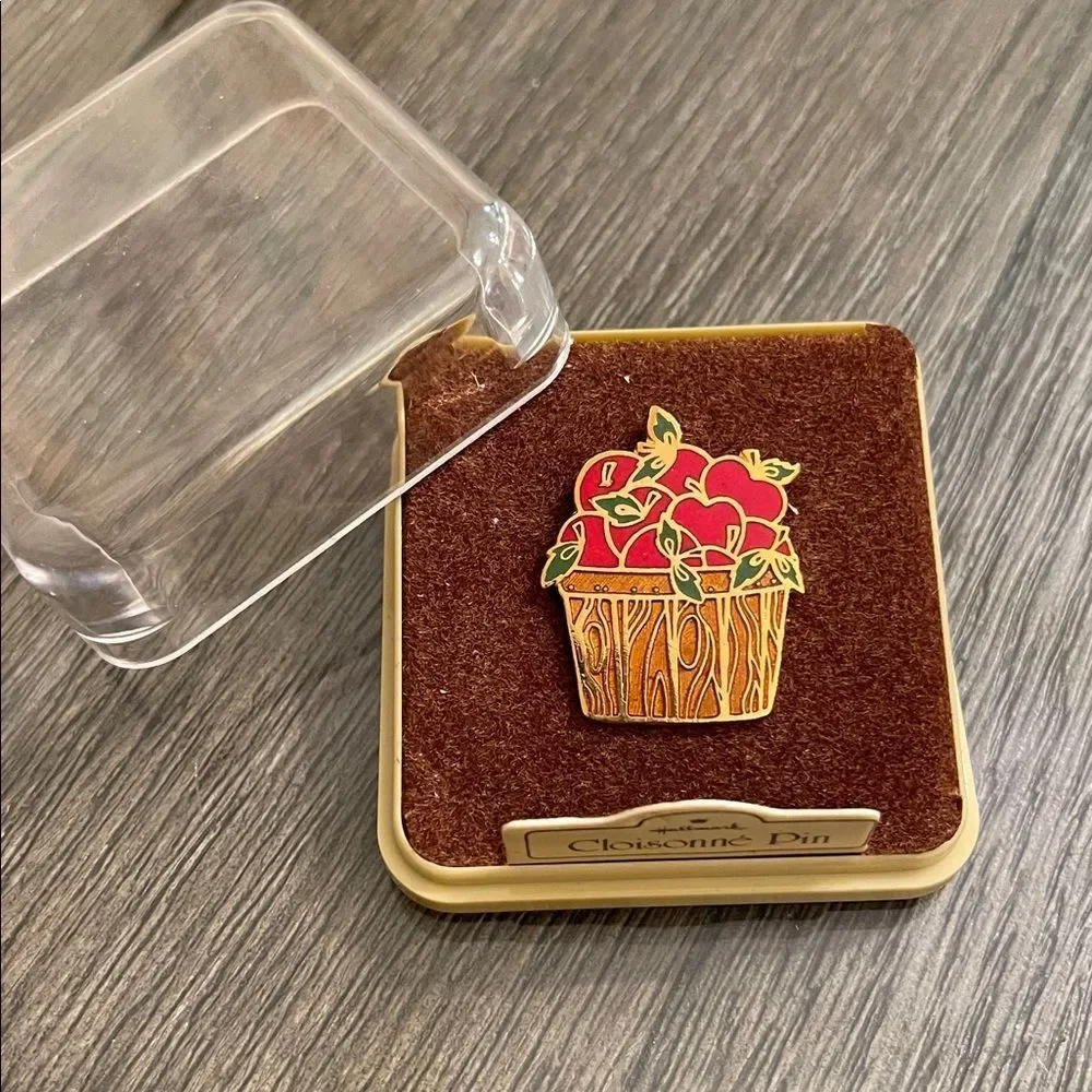 Vintage Hallmark Cards Inc. Enamel - Cloisonné Apple-in-a-basket Pin - Brooch
